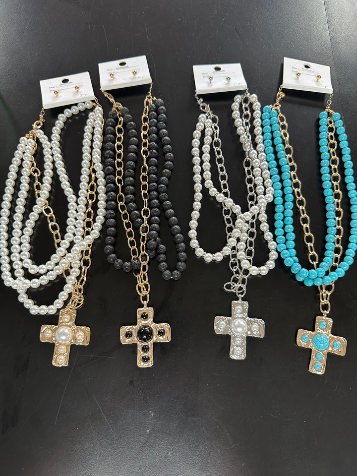 Cross Triple Strand Necklace Set
