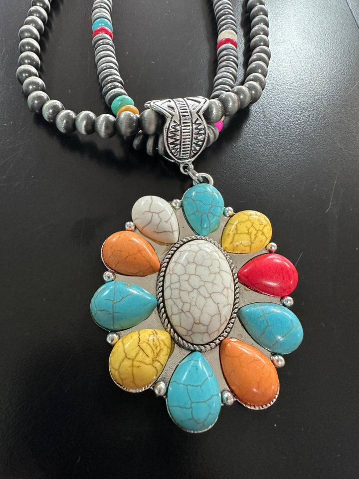 Multicolored Stones & Faux Navajo Pearl Necklace