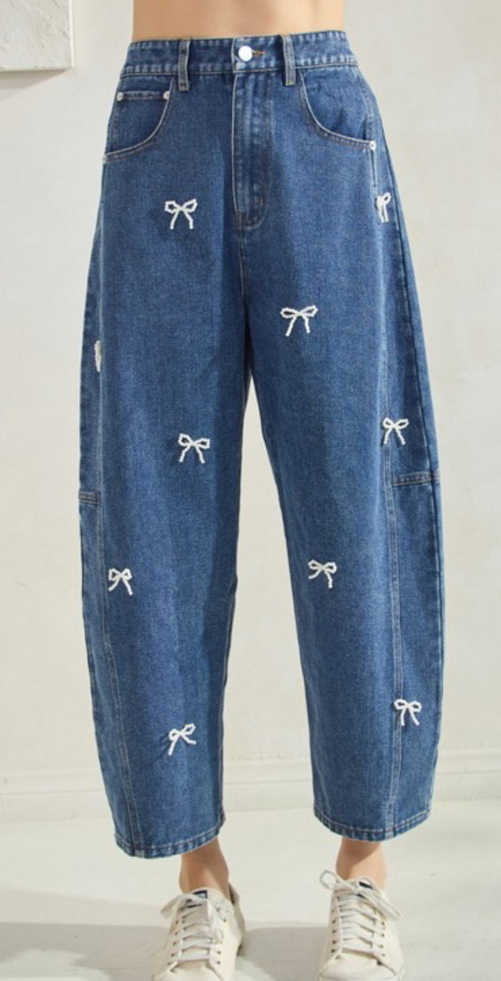 Pearly Bow Barrel Jeans