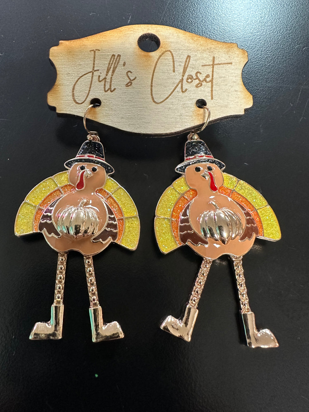 Fishhook earrings turkey with pilgrim hat and pumpkin