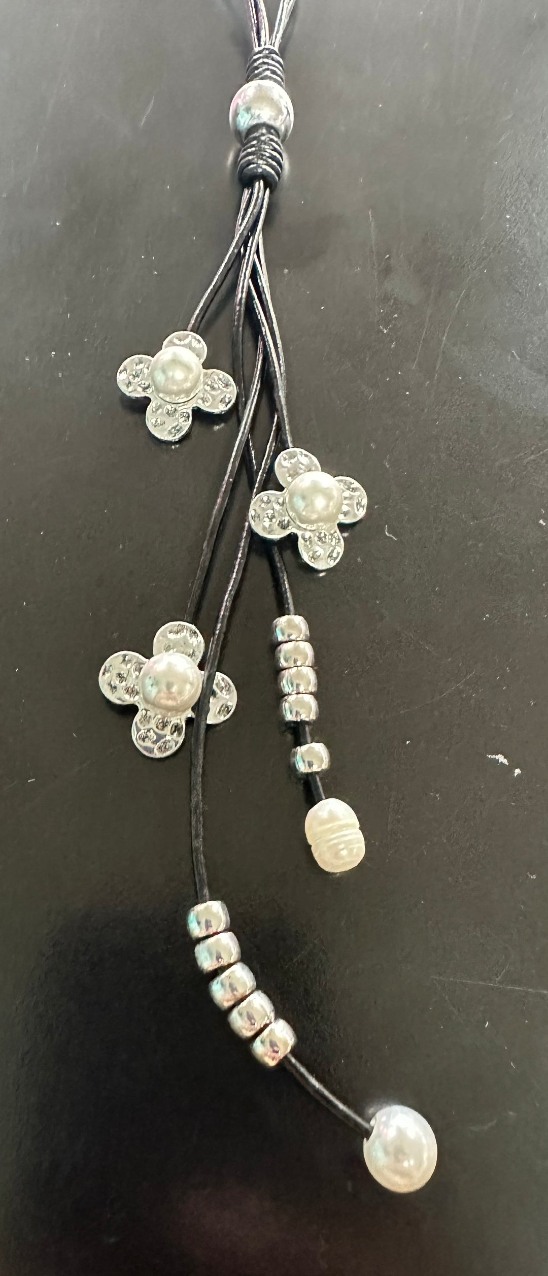Very Long Corded Necklace Silver & Pearls