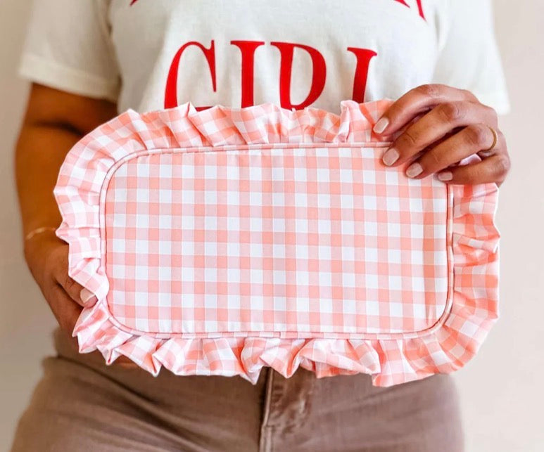 Gingham Ruffle Zipper Bag w/monogram