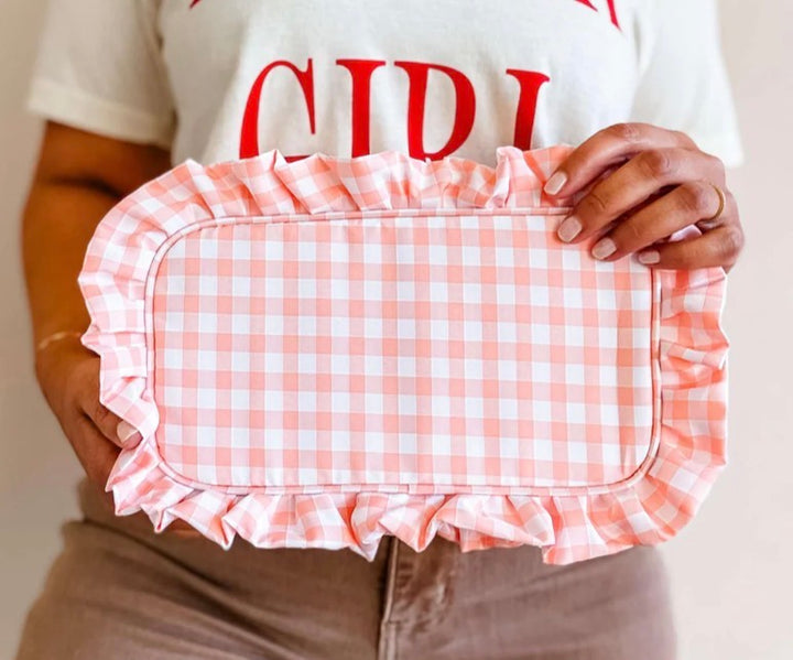 Gingham Ruffle Zipper Bag w/monogram