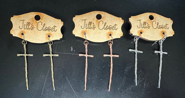 Long Hammered Cross Earrings