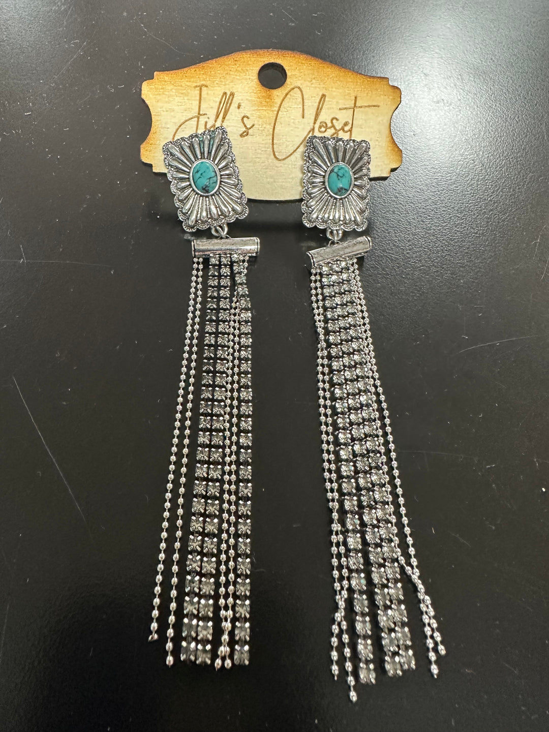 Long Rhinestone Fringe Concho Earrings