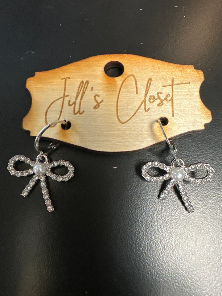 Pearl & Rhinestone Bow Hoop Earrings