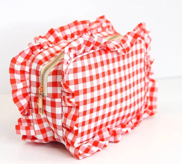 Gingham Ruffle Zipper Bag w/monogram