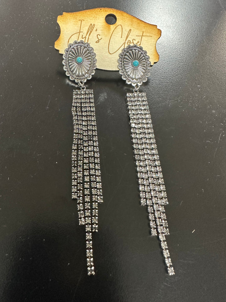 Long Rhinestone Fringe Concho Earrings
