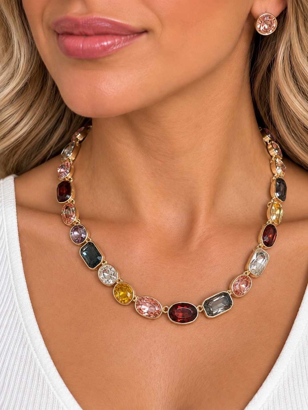Jeweled Tone Faceted Stone Necklace