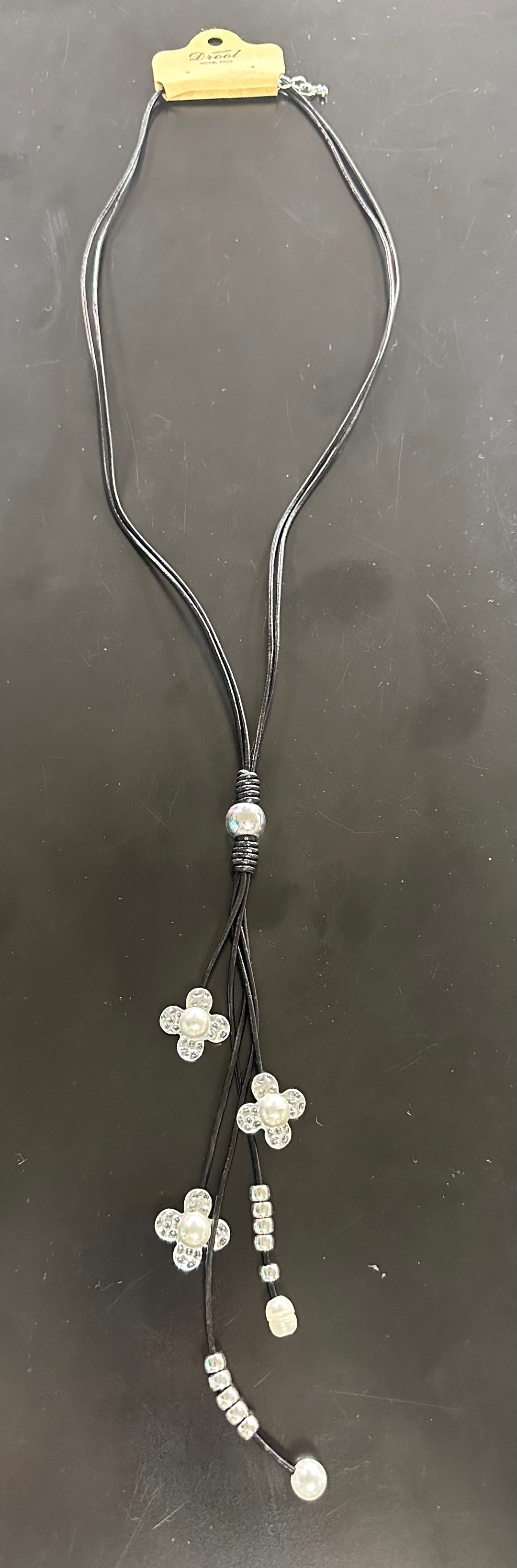 Very Long Corded Necklace Silver & Pearls
