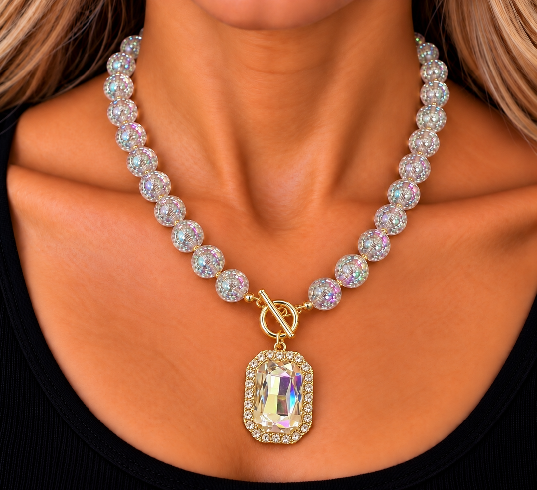 Crystal Pendant Beaded Toggle Necklace