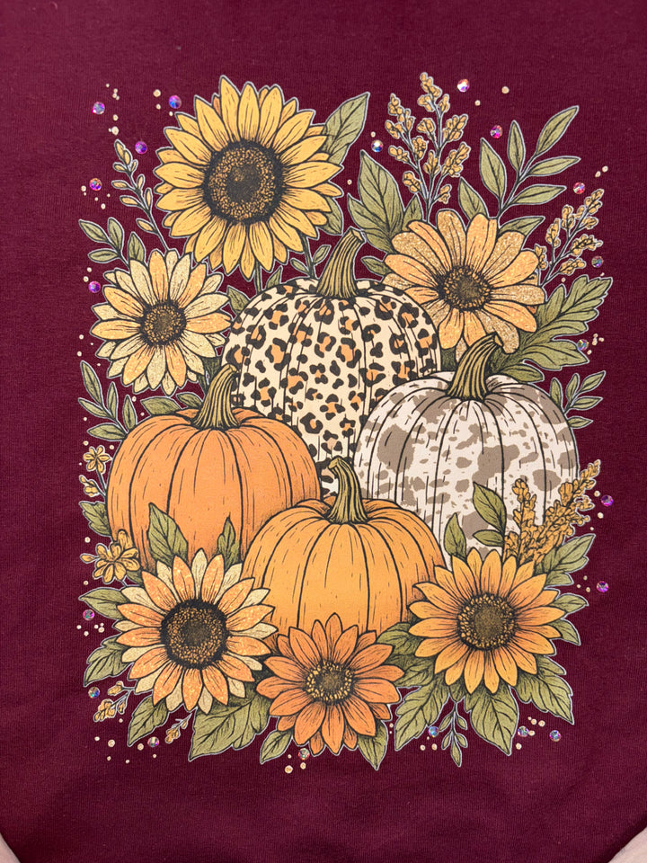Fall sunflowers leopard pumpkins on a wine short sleeve tee shirt