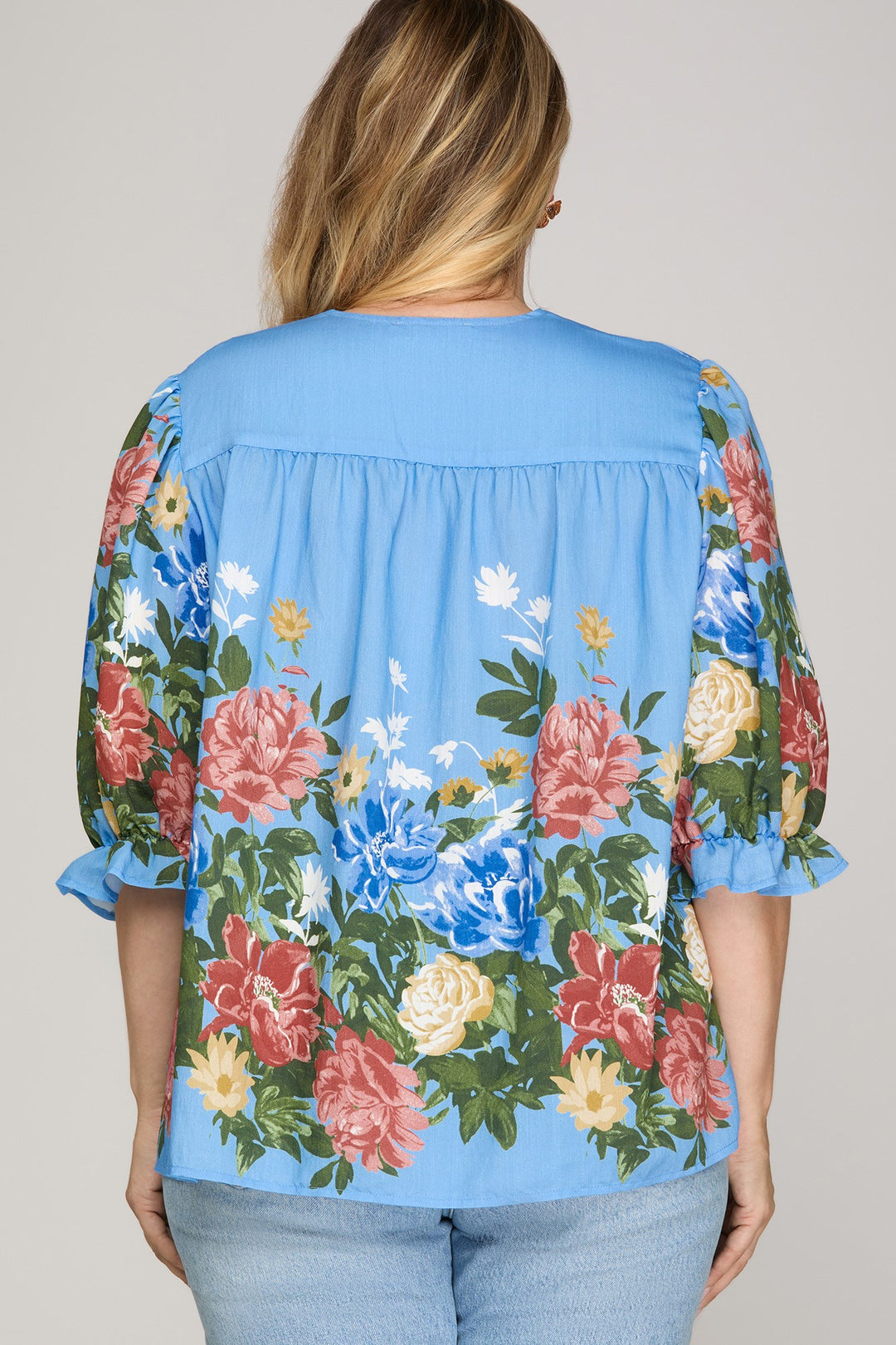 Floral V-Neck Top  with Multi-Color Trim