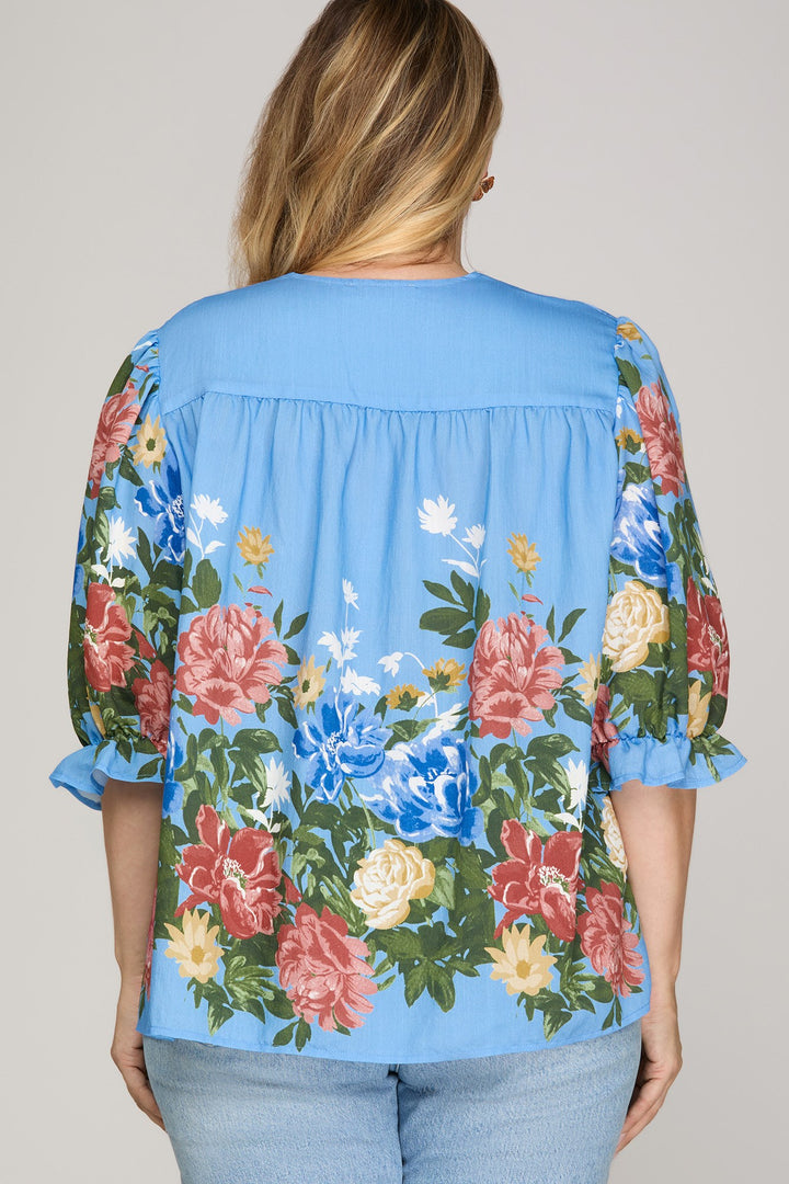 Floral V-Neck Top  with Multi-Color Trim