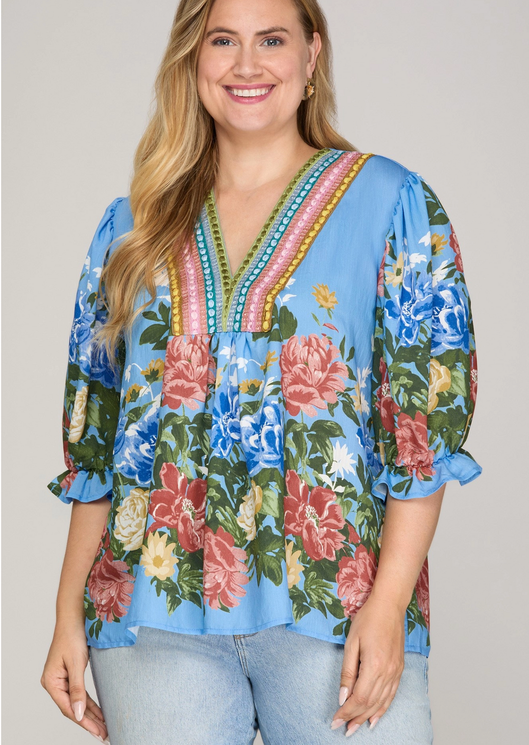 Floral V-Neck Top  with Multi-Color Trim