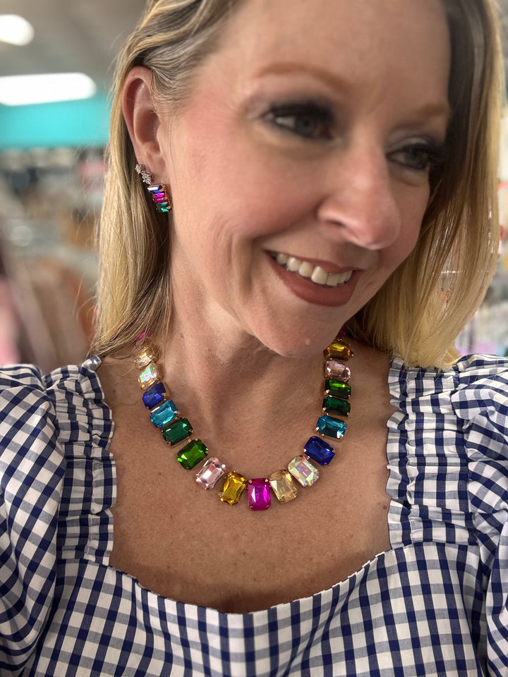 Rectangle Rainbow Stone Necklace Set