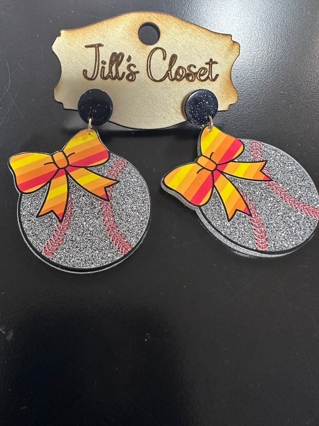 Glitter Baseball w/Bows Earrings
