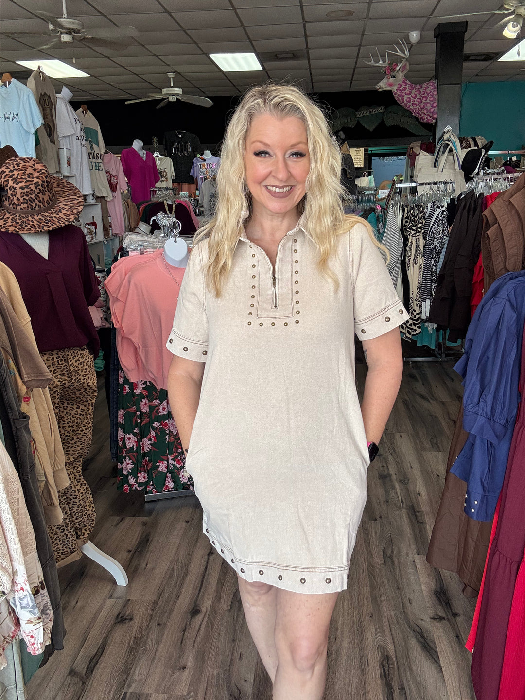 Studded Camel Denim Dress