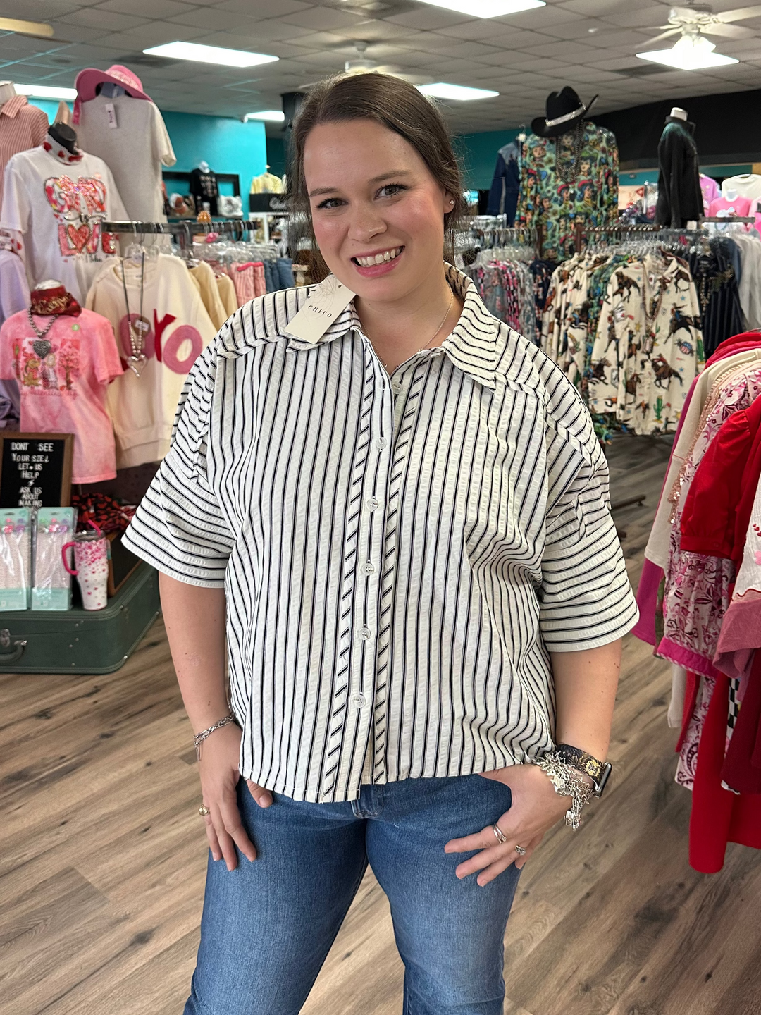 Black and white striped blouse