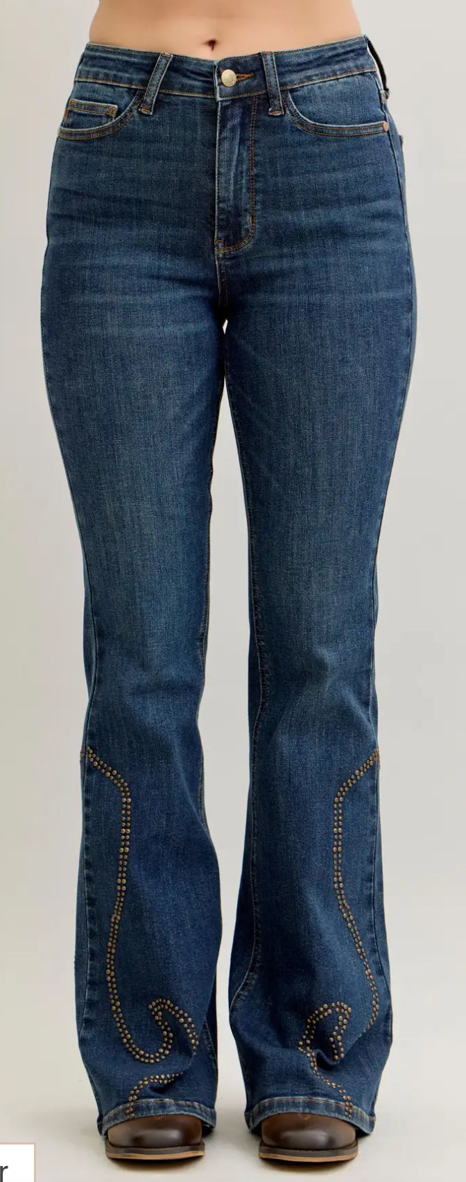 western boot design in studs on the flare legs of these Judy Blue jeans