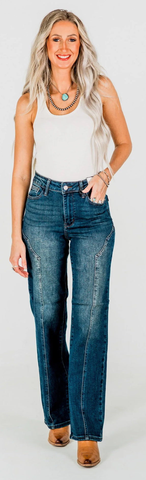 dark wash mid rise boot stitched straight leg jeans