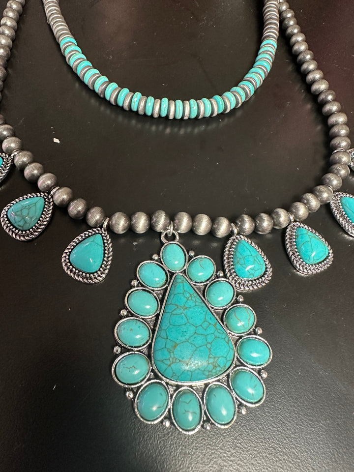 Long Double strand Turquoise Pendant  Necklace