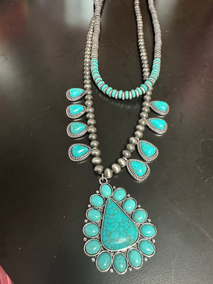 Long Double strand Turquoise Pendant  Necklace