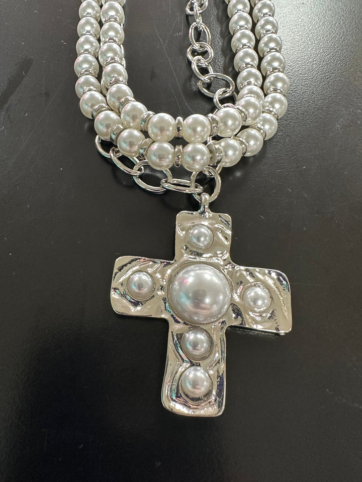 Cross Triple Strand Necklace Set