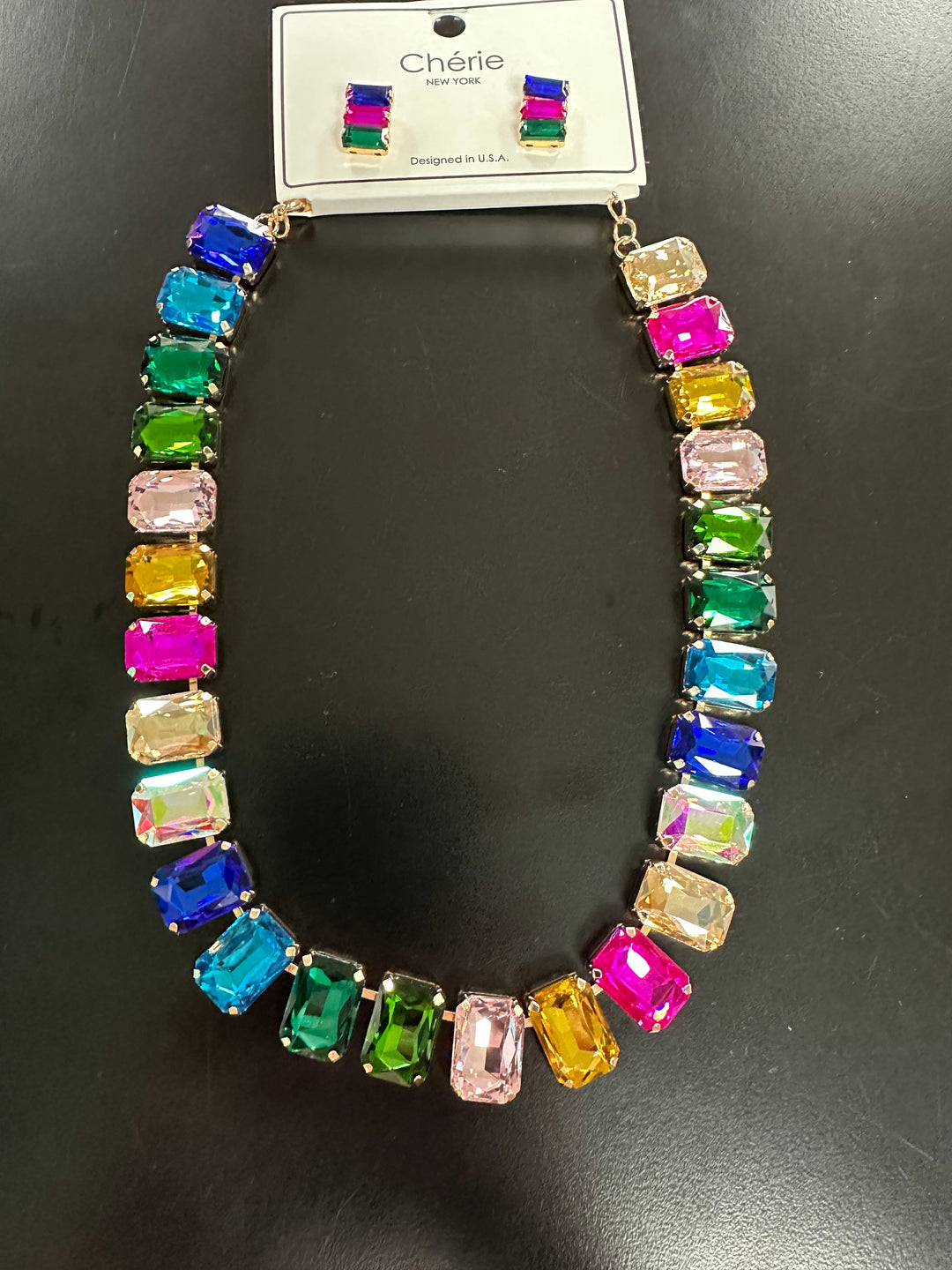 Rectangle Rainbow Stone Necklace Set
