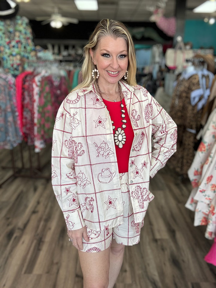 Redwork Rodeo Embroidered Top  or Shorts