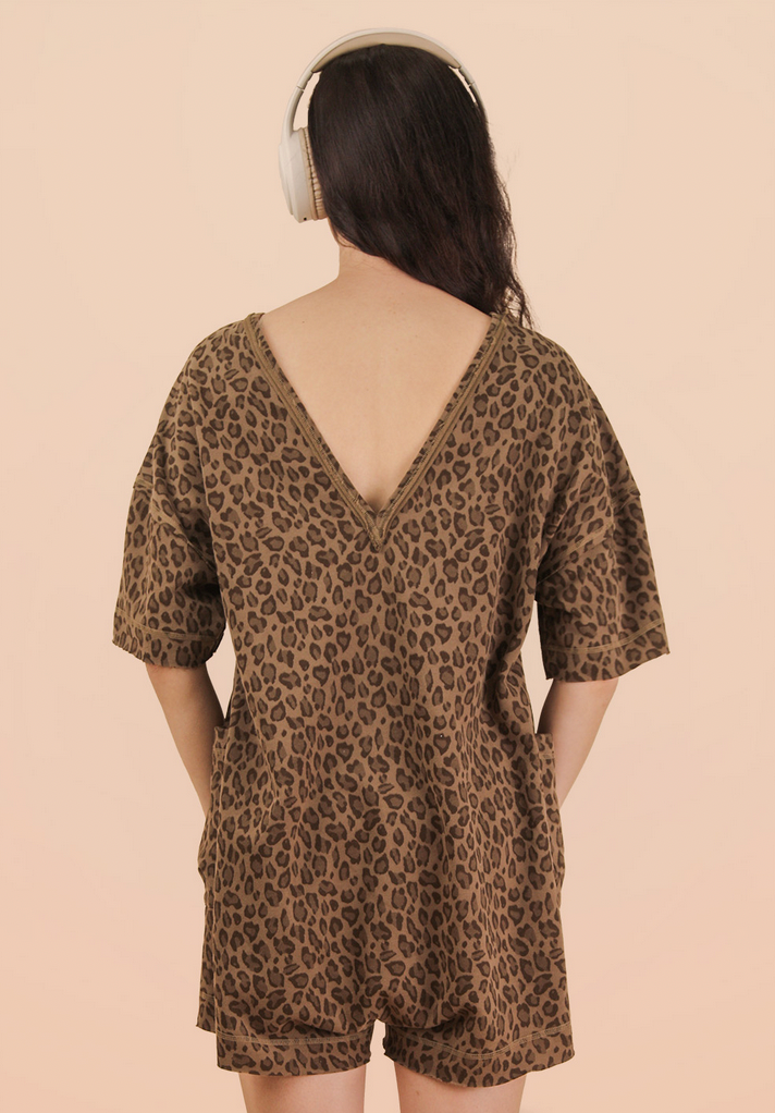 Leopard Knit Romper with V-neck back