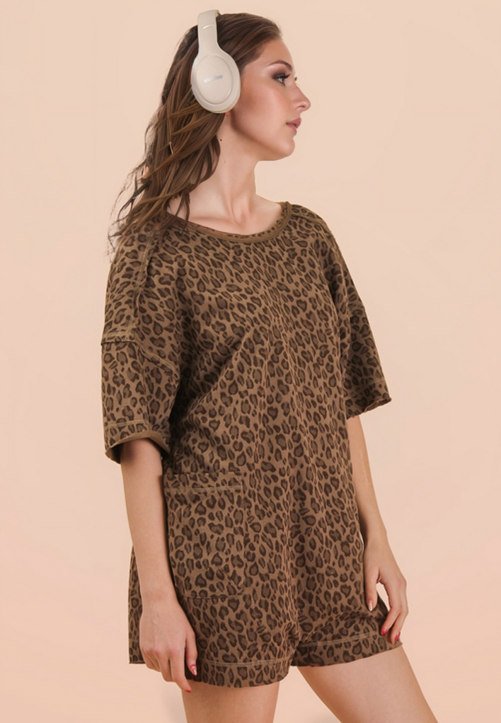 Leopard Knit Romper with V-neck back