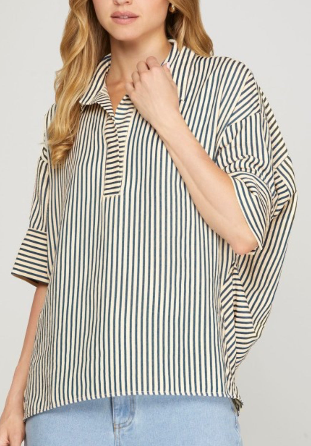 navy seersucker striped top