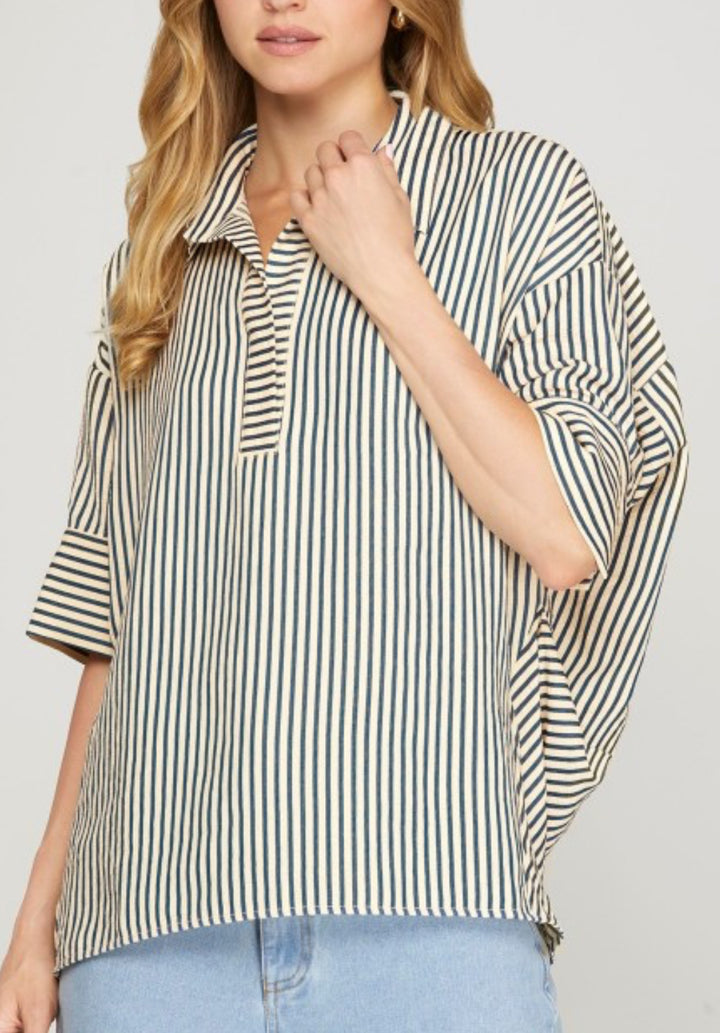navy seersucker striped top