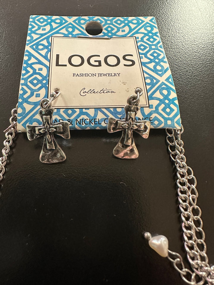 Turquoise & Pearl Cross Necklace & Earrings Set