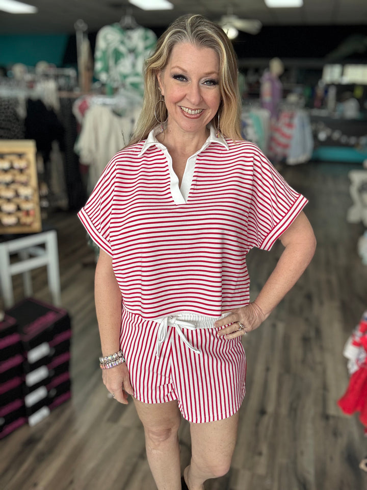 Striped Collared Shorts Set
