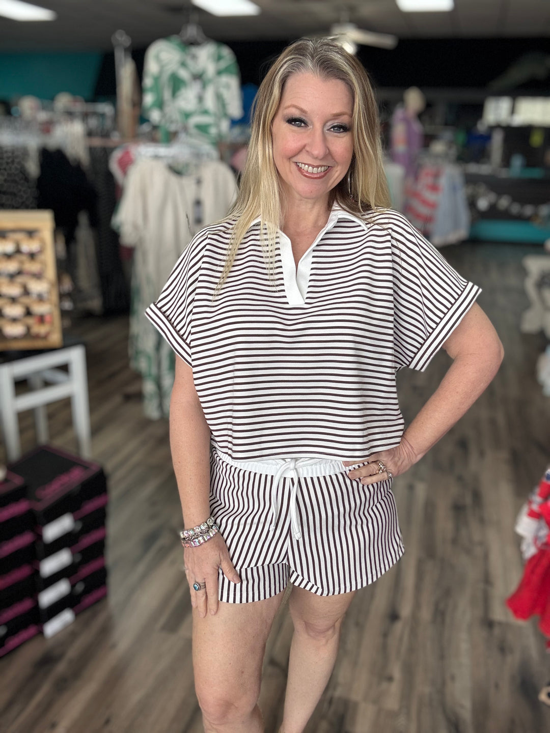Striped Collared Shorts Set