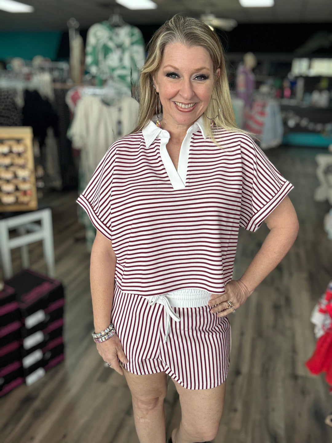 Striped Collared Shorts Set