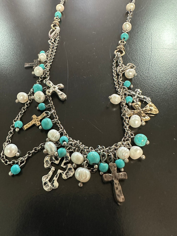 Turquoise & Pearl Cross Necklace & Earrings Set