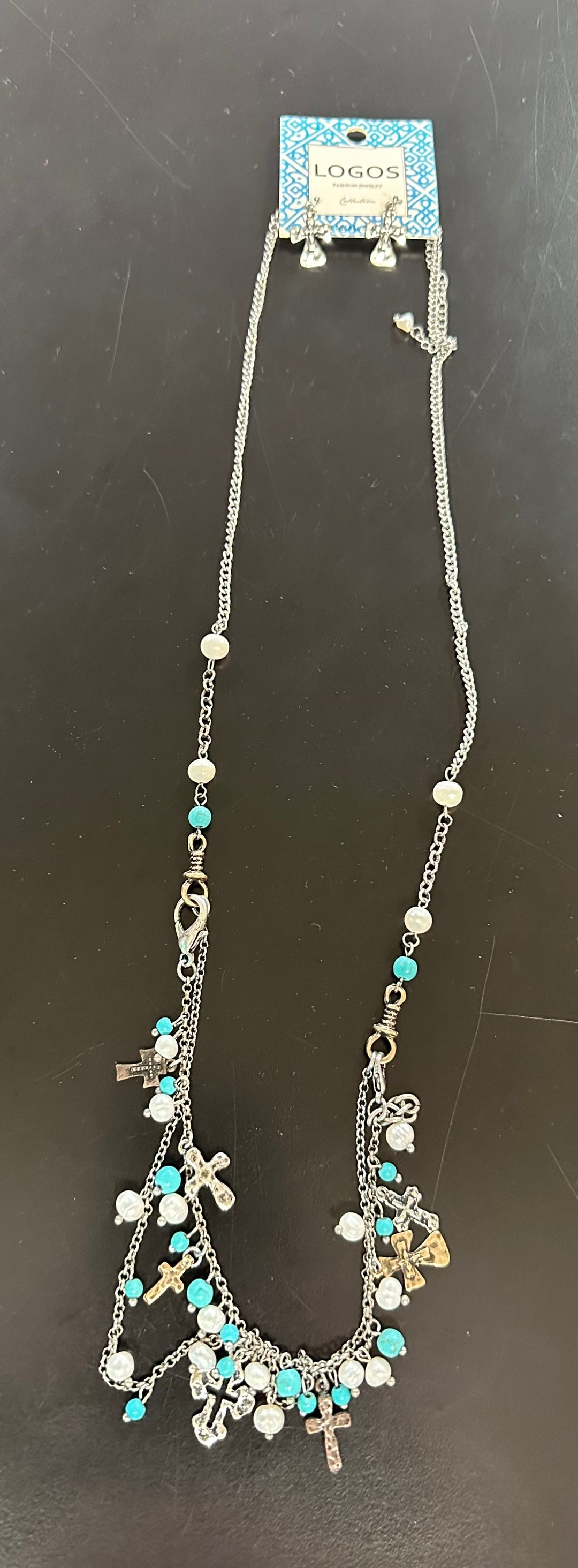 Turquoise & Pearl Cross Necklace & Earrings Set