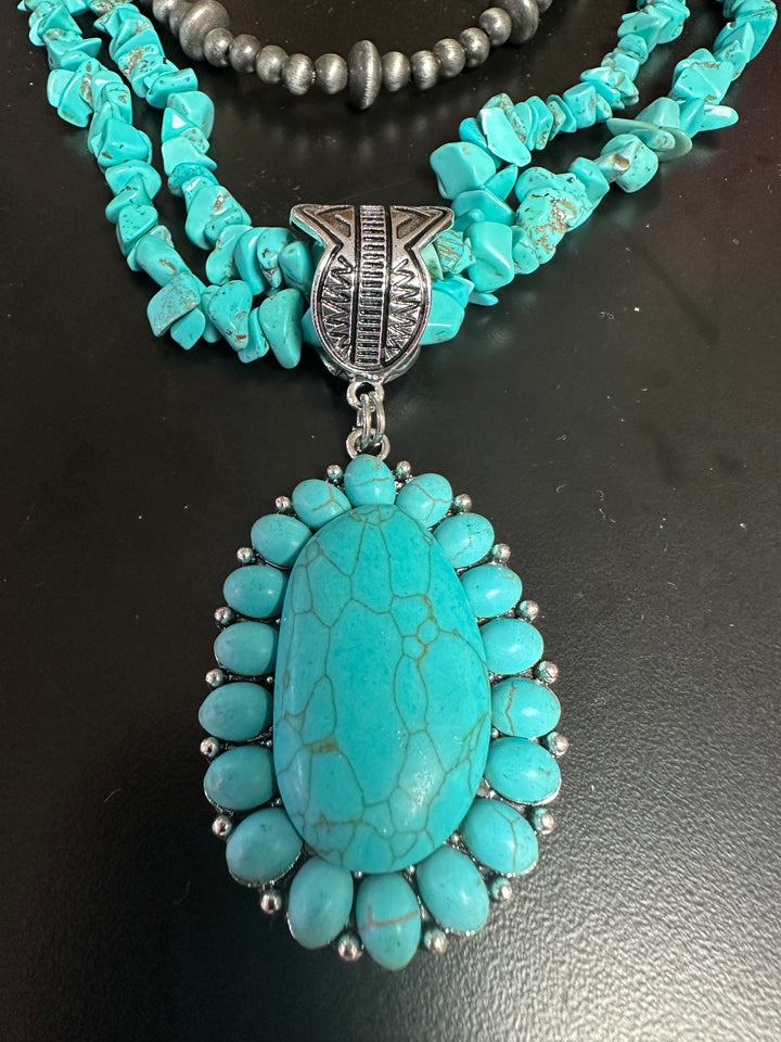 Turquoise Triple Strand Pendant Necklace