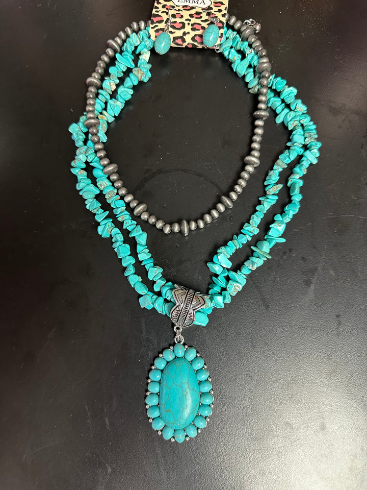 Turquoise Triple Strand Pendant Necklace