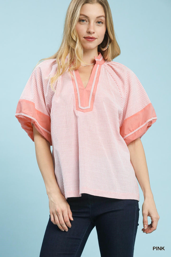 Umgee Striped Mixed V-Neck Top