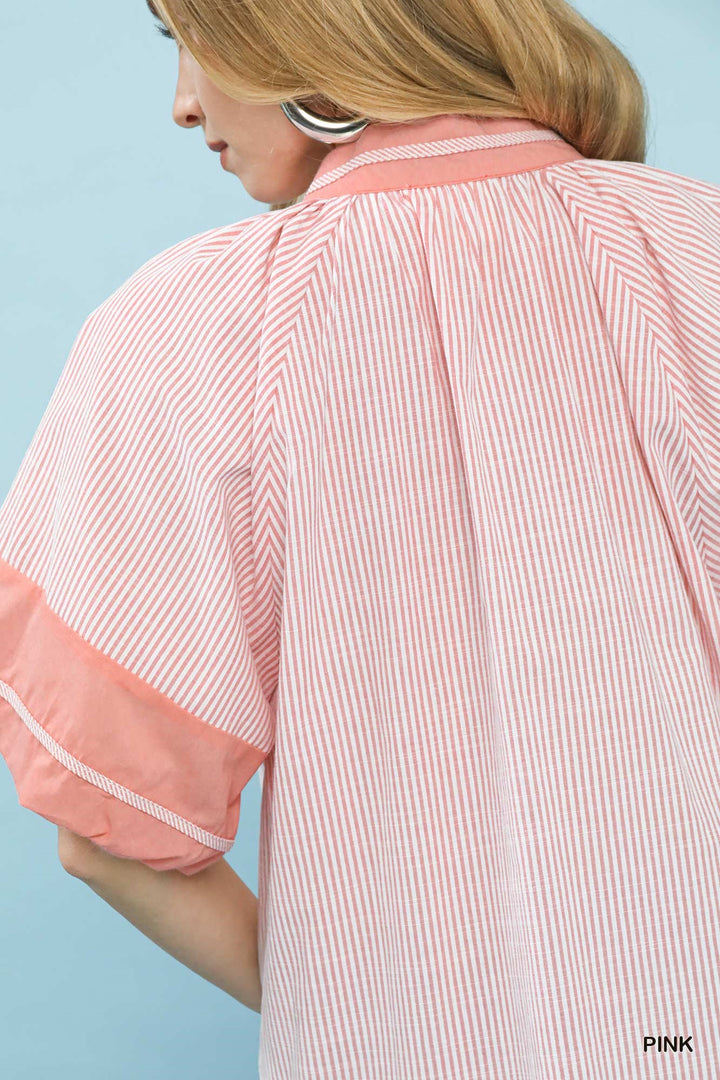 Umgee Striped Mixed V-Neck Top