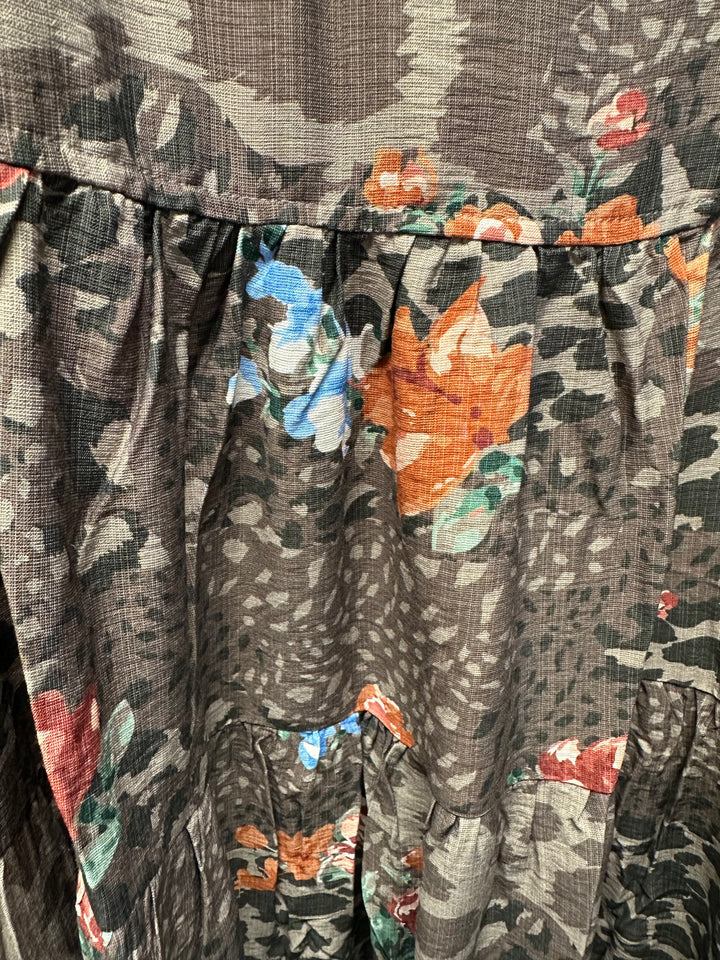 long sleeved V neck roses camo animal print in brown khaki