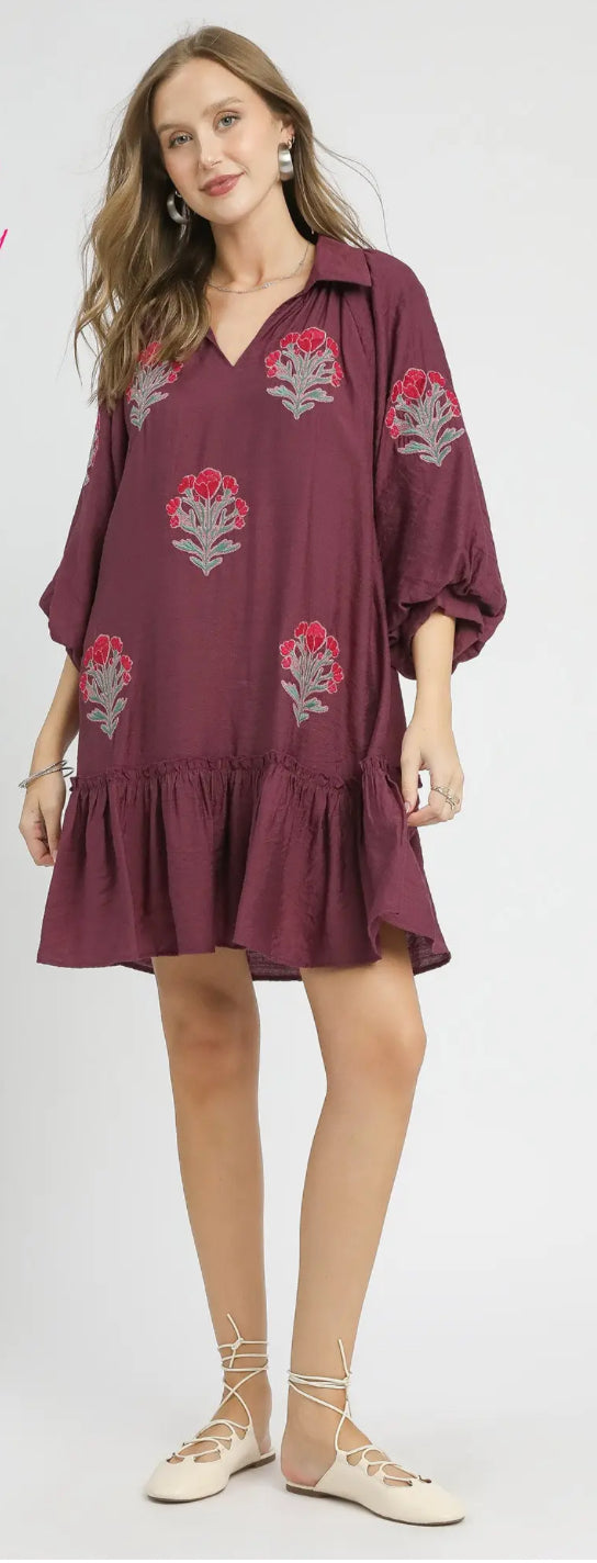 Balloon sleeves with deep ruffle hem make this fall dress a perfect for easy wearing