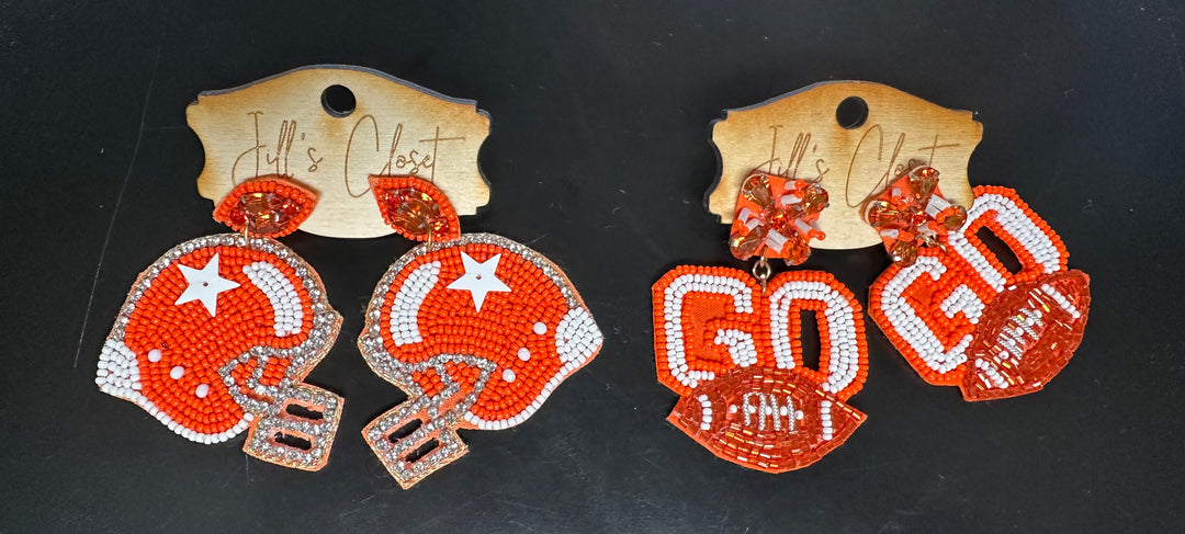 Orange & white beads with silver accents football earrings