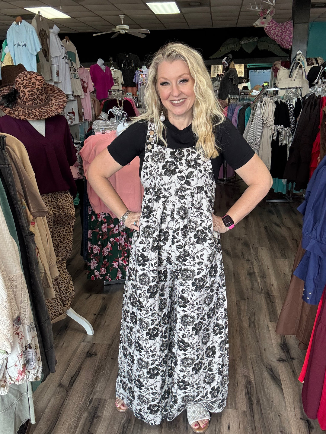 Bibi black floral denim overalls 