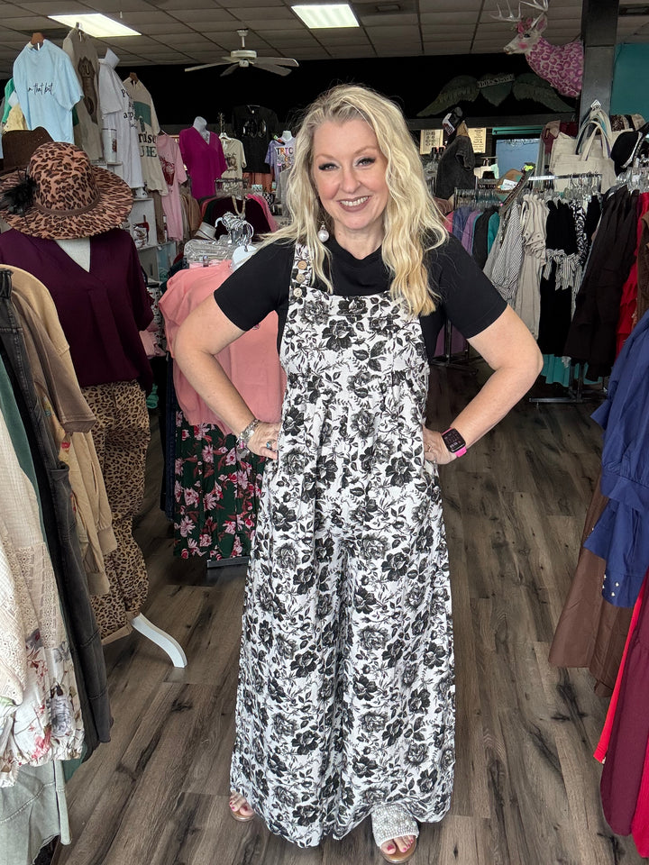 Bibi black floral denim overalls 