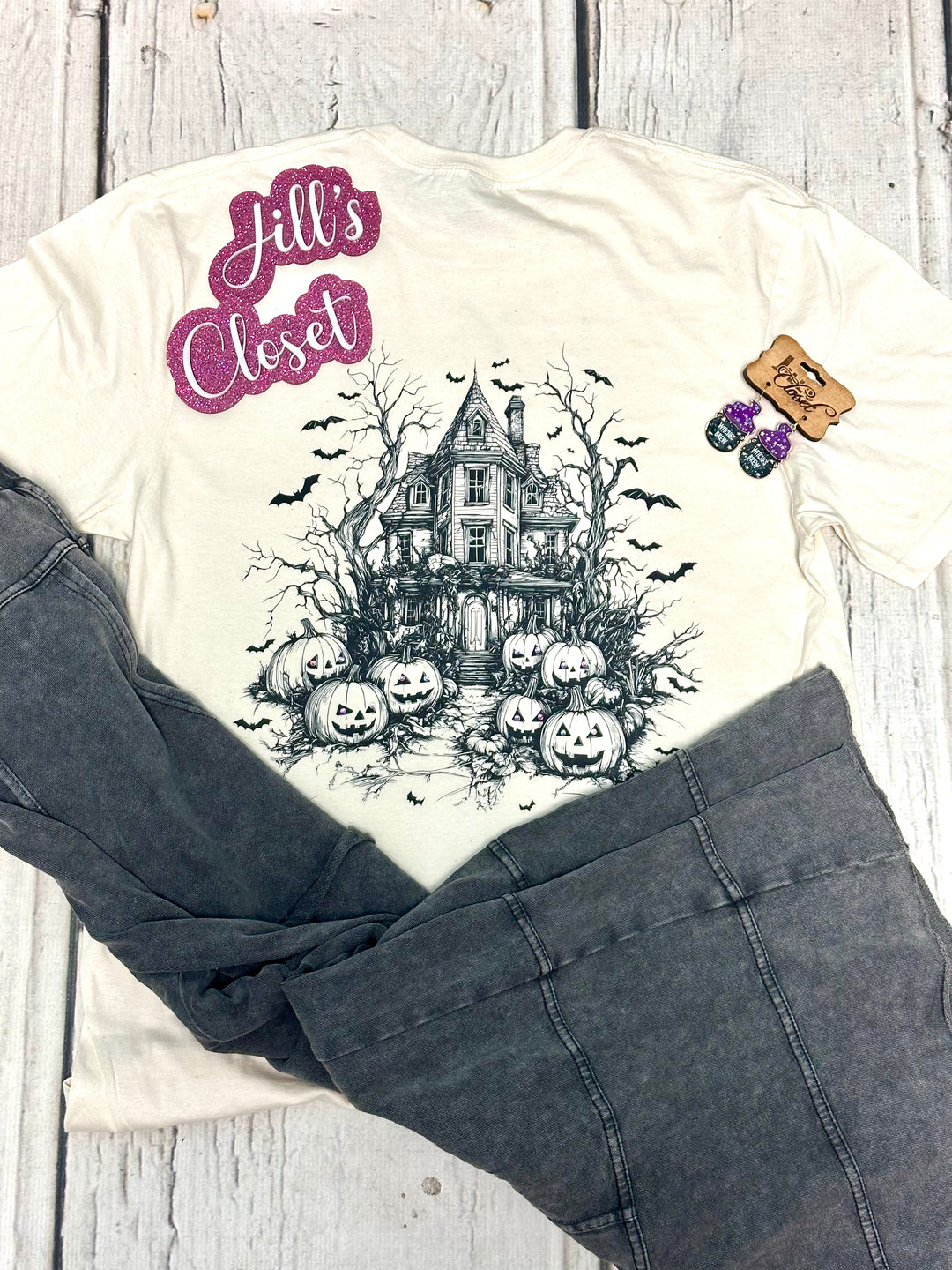 flying bats with spooky house and jack o lanterns tee shirt printed on both sides